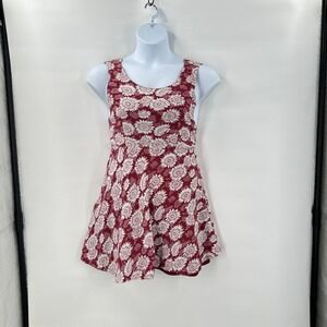 Boho Sunflower Print Skater‎ Dress Large Red White Open Back Tie Strap Festival